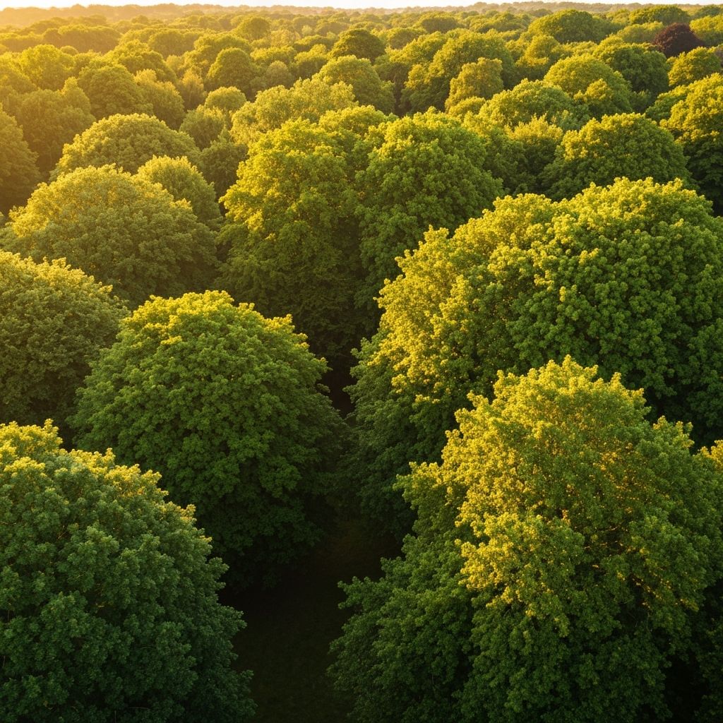 Aerial view of lush green tree canopies across Birmingham suburbs