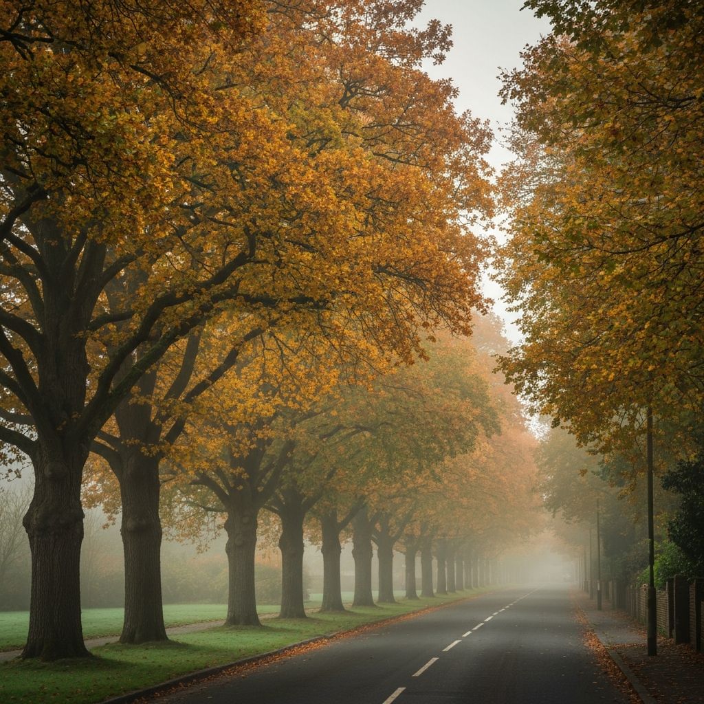 Beautiful row of mature English oak trees with autumn golden foliage