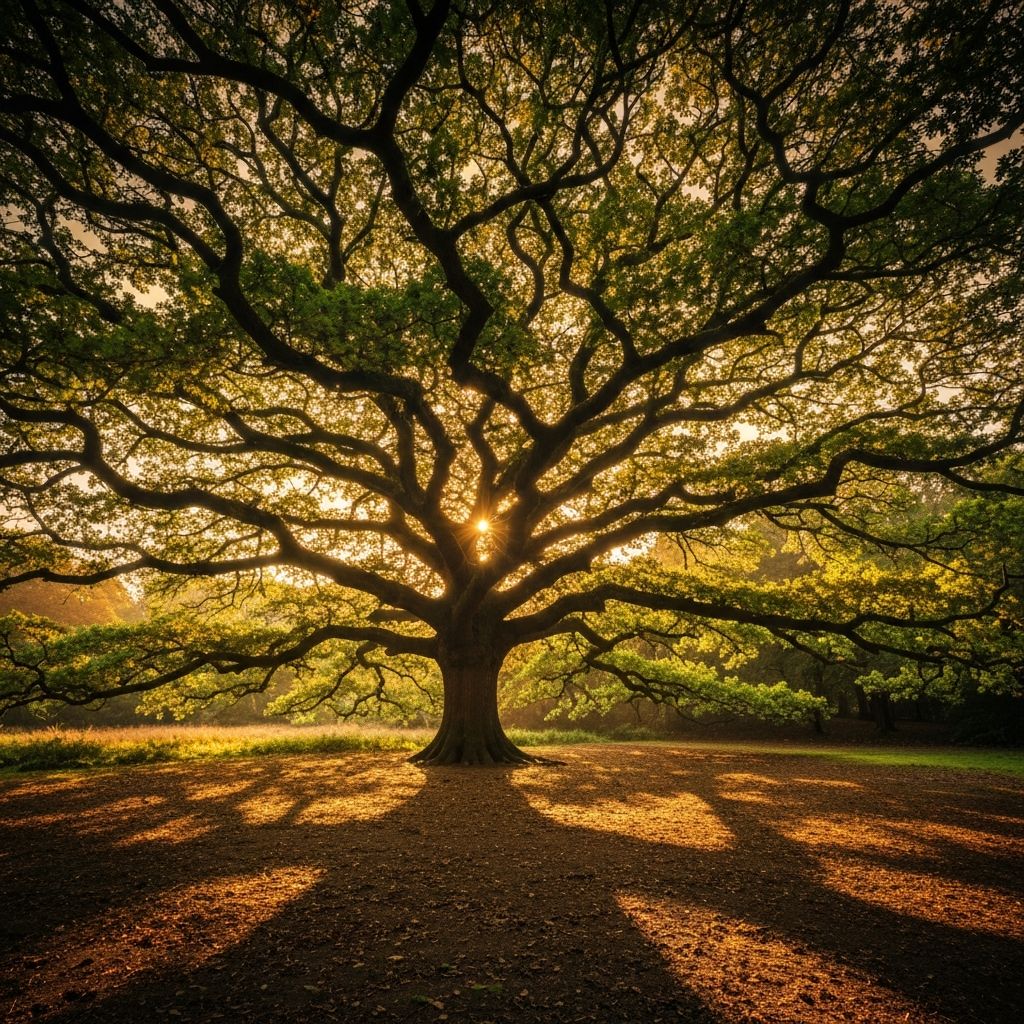 Looking up through a mature oak tree canopy with golden sunlight filtering through