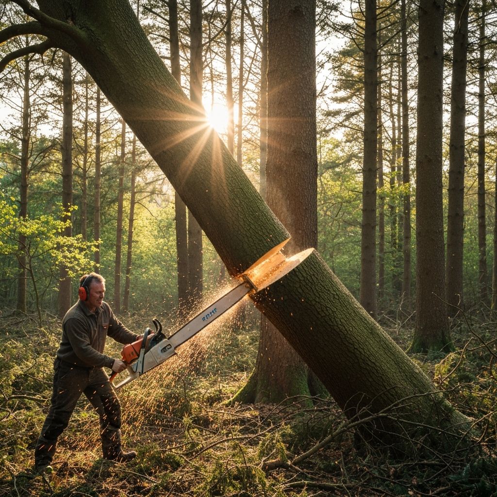 Professional tree felling with chainsaw in an English woodland setting